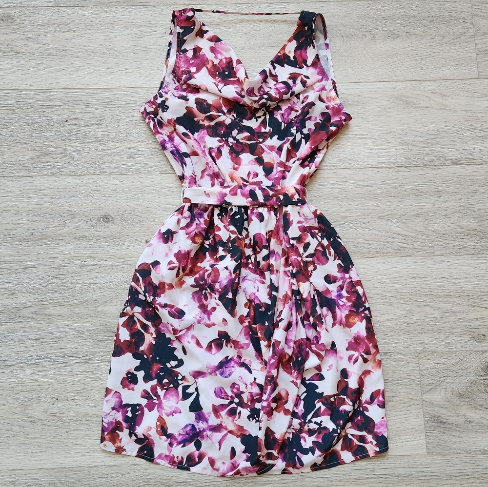 Dkny Jeans Pink Floral Dress Sleeveless Womens Small Front Tie Drape Neck Silky